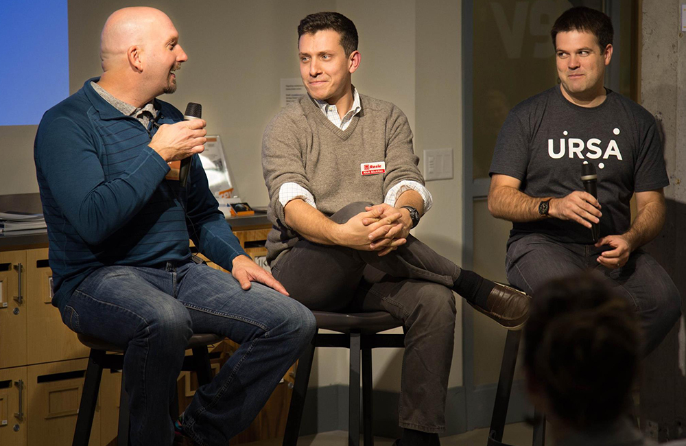 Nick Nikitas (center) fields a question from GiveGab founder Charlie Mulligan at a Rev Panel Discussion.