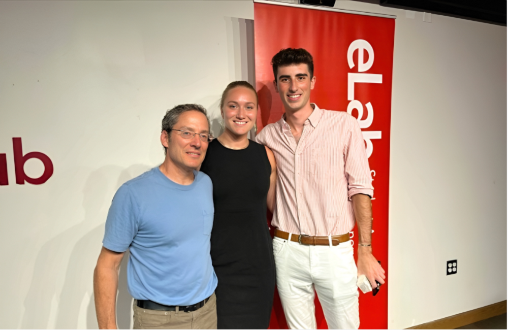Zach Shulman, director of Entrepreneurship at Cornell, stands with two of the students who pitched their businesses during the Sept. 6 Entrepreneurship Kickoff, Rachel Bonnet, center, and Noah Gershon, right.