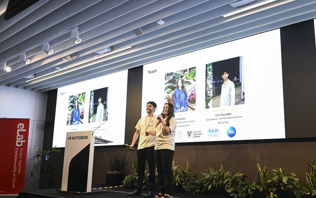 eLab student co-founders Alsa Khan ‘25 and Muhammad Jee ‘25 pitch their startup Mr. EzPz to an audience at the CSV: Student Startup Showcase on March 28, 2024.