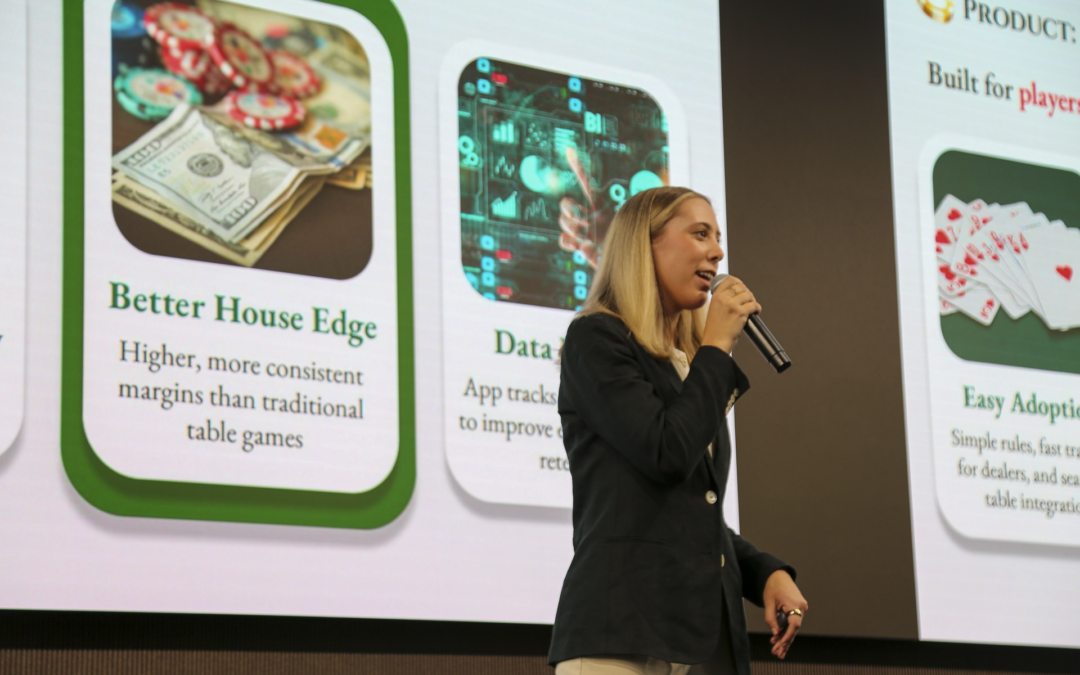 ELab student founder Kate Barclay ’26 pitches her startup, LUCRA, to an audience at the CSV: Student Startup Showcase